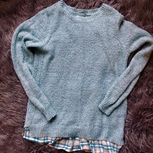 Dusty blue sweater with plaid hem size medium